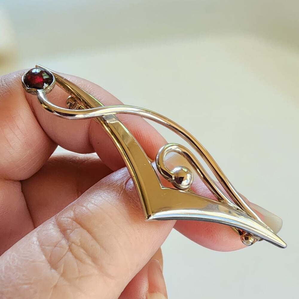 Vintage Taxco Sterling Silver Modernist Brooch Garnet Cabochon 925 TZ-18 Mexico